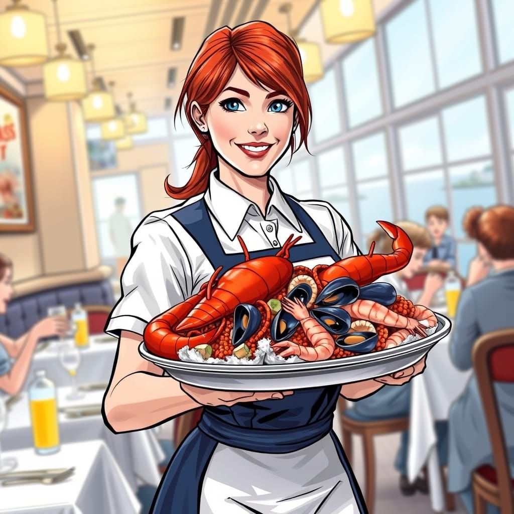 Vibrant Waitress in Action-Packed Comic Book Style