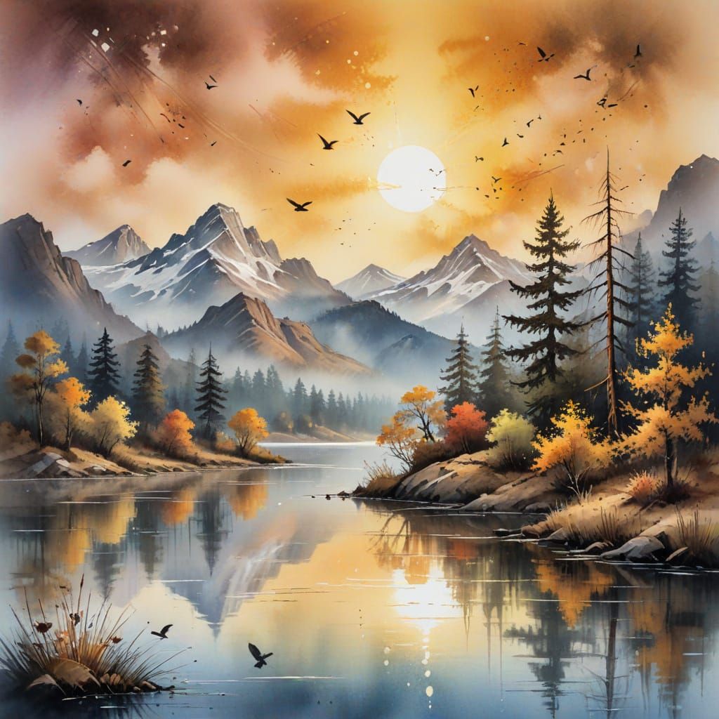Serene Mountain Lake Scene in Bob Ross Style Oil Painting
