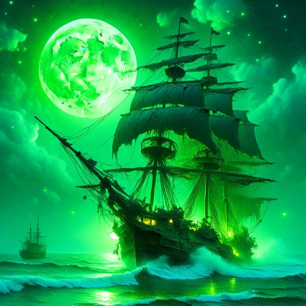 Ghost Pirate Ship Under a Luminous Moon