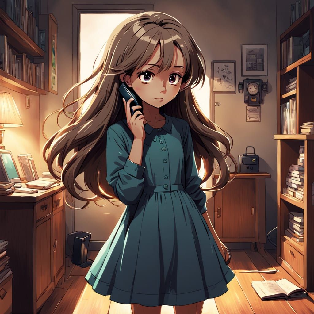 Exaggerated Children's Book Cartoon Girl Looks Upset on Phon...