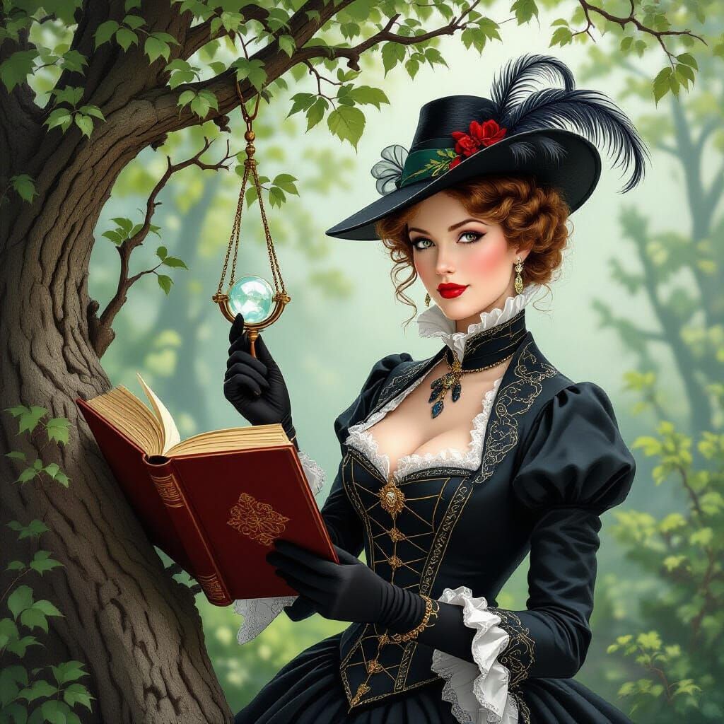 Antiquarian Femme Fatale Inspects Verdant Arbor