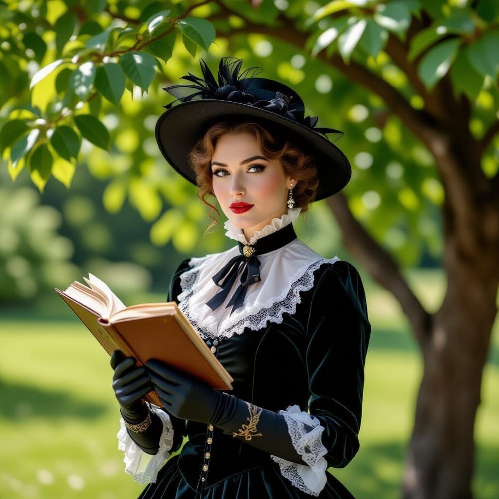 Antiquarian Femme Fatale Inspecting Garden Arbor
