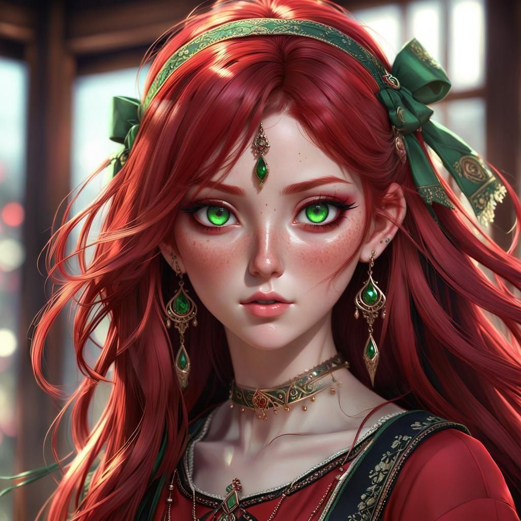 Red-Haired Woman with Green Eyes in Anime Style