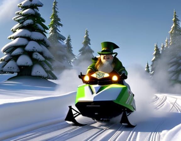 Leprechaun on Snowmobile: Pixar-Style 3D Rendering
