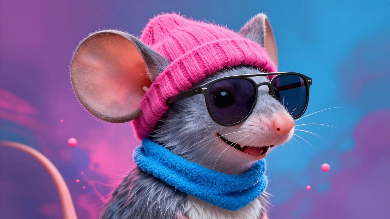 Smiling Mouse with Punk Wig and Sunglasses, Hyperrealistic S...