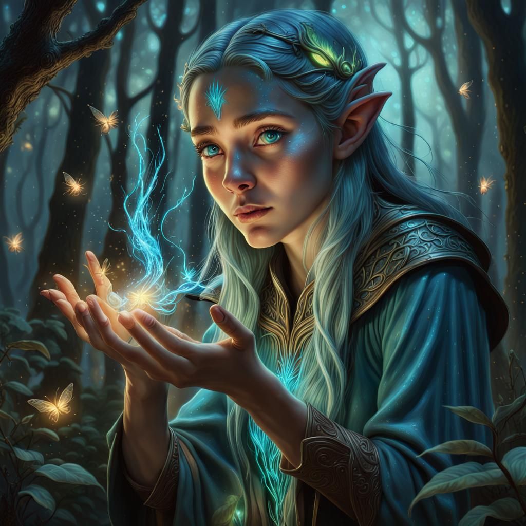 Enchanting Elf Portrait in Bioluminescent Woodlands