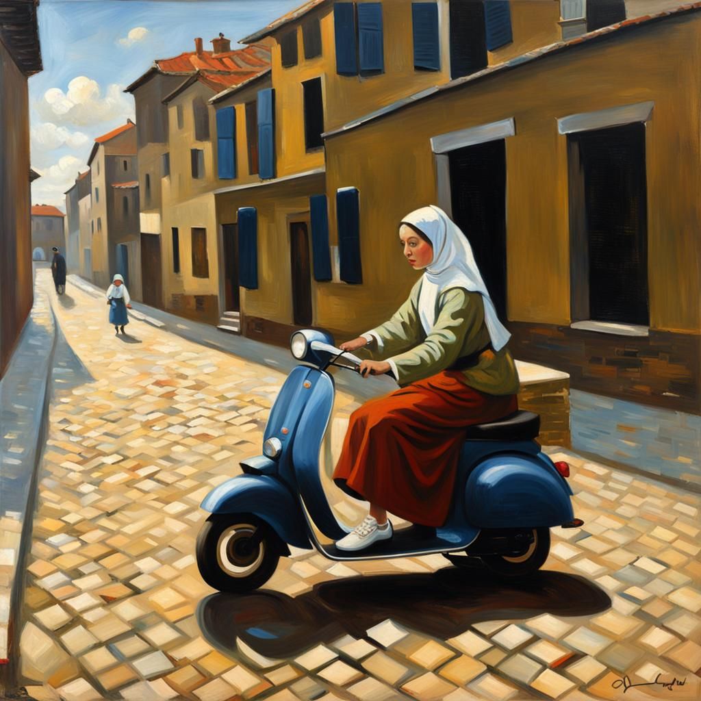 Girl with Pearl Earring on Scooter, Oil Painting