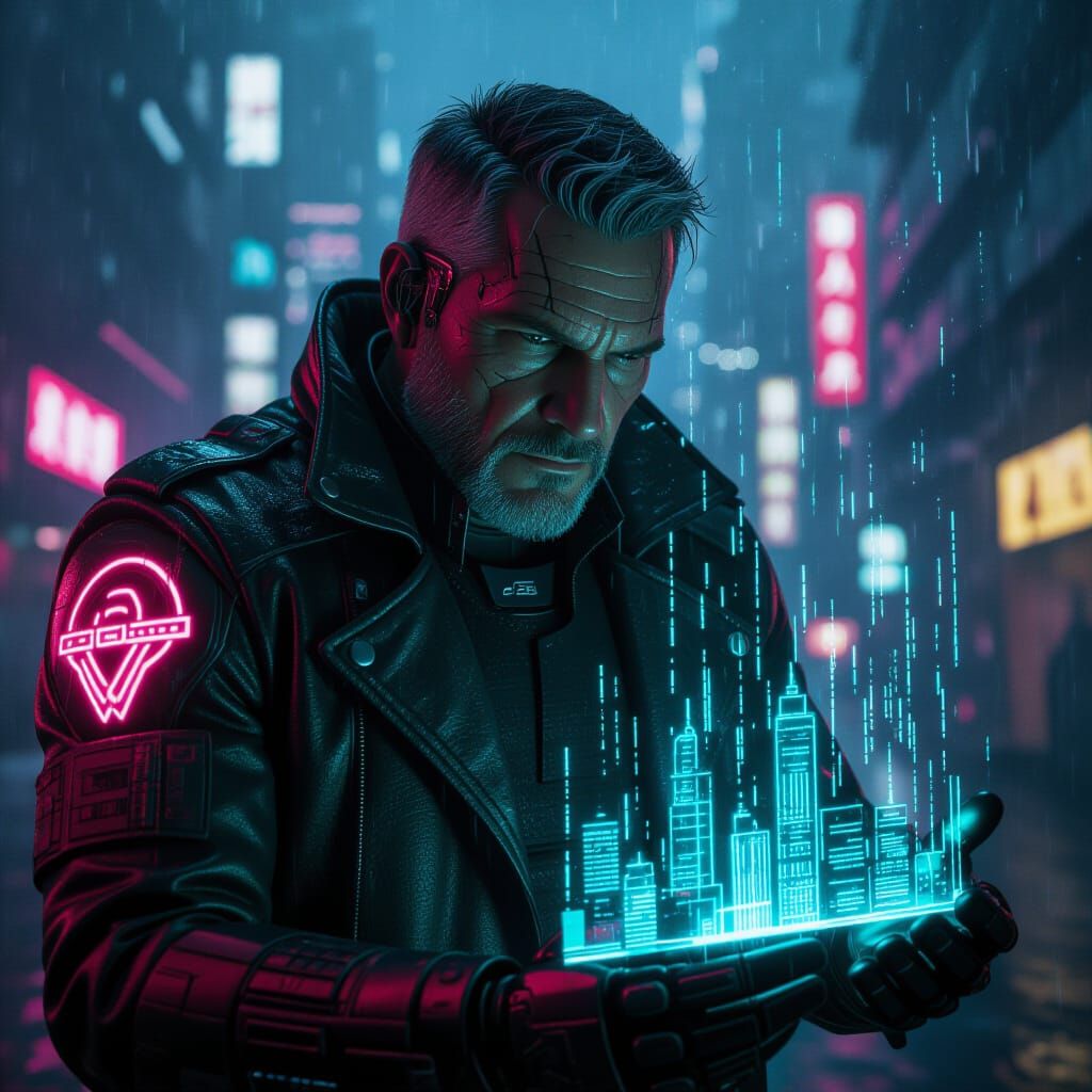 Cybernetic Detective Gazes at Digital Rain Hologram