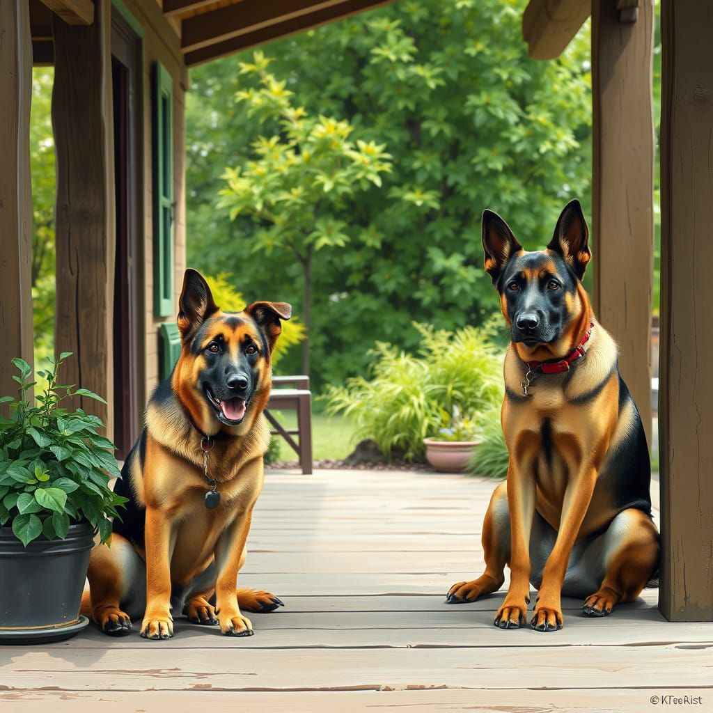 German Shepherd and Belgian Malinois on a Rustic Porch in Vi...