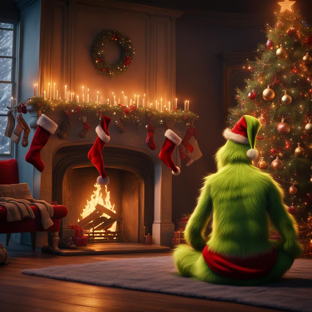 Grinch by Fireplace: Detailed Matte Painting