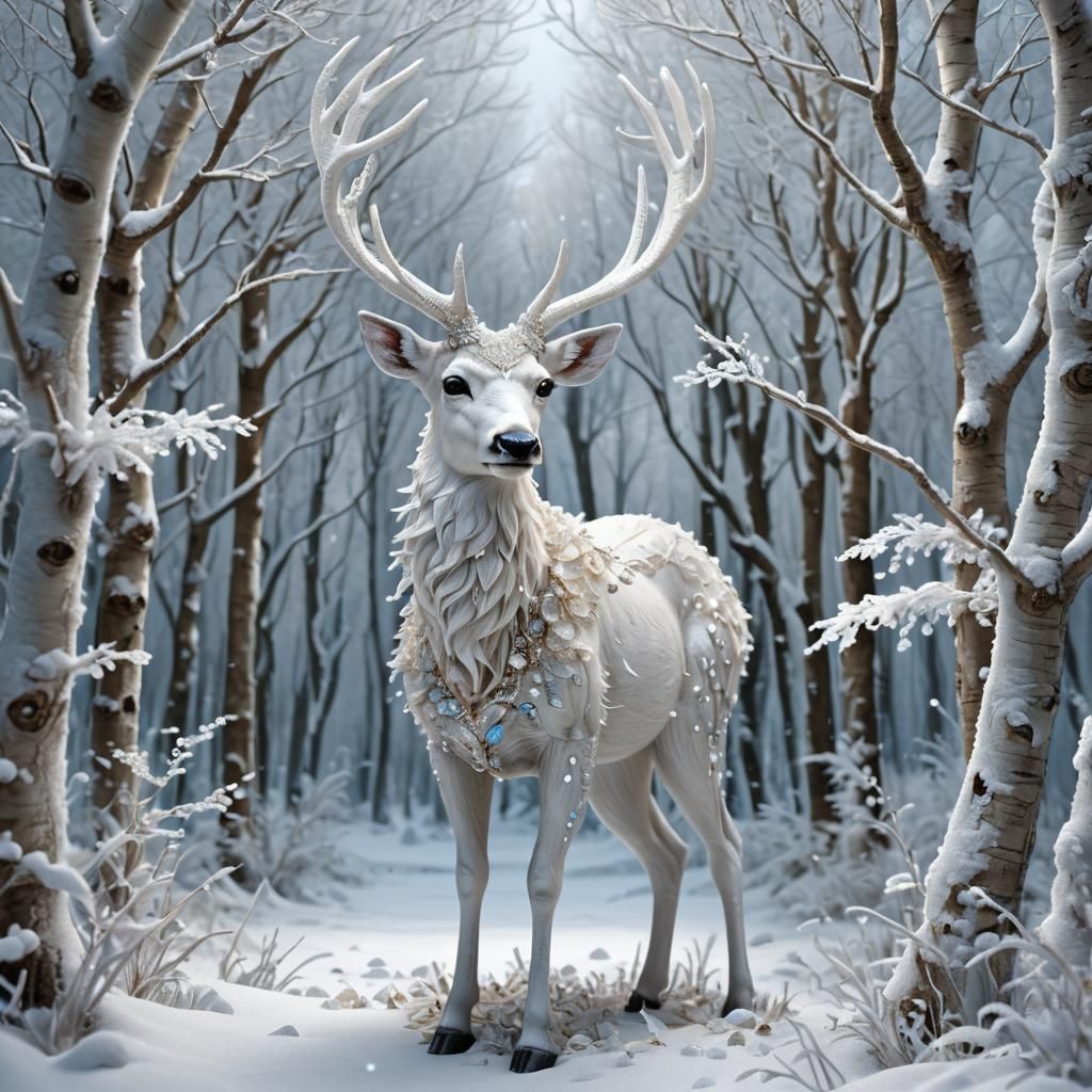 Magical White Deer in Enchanted Winter Forest