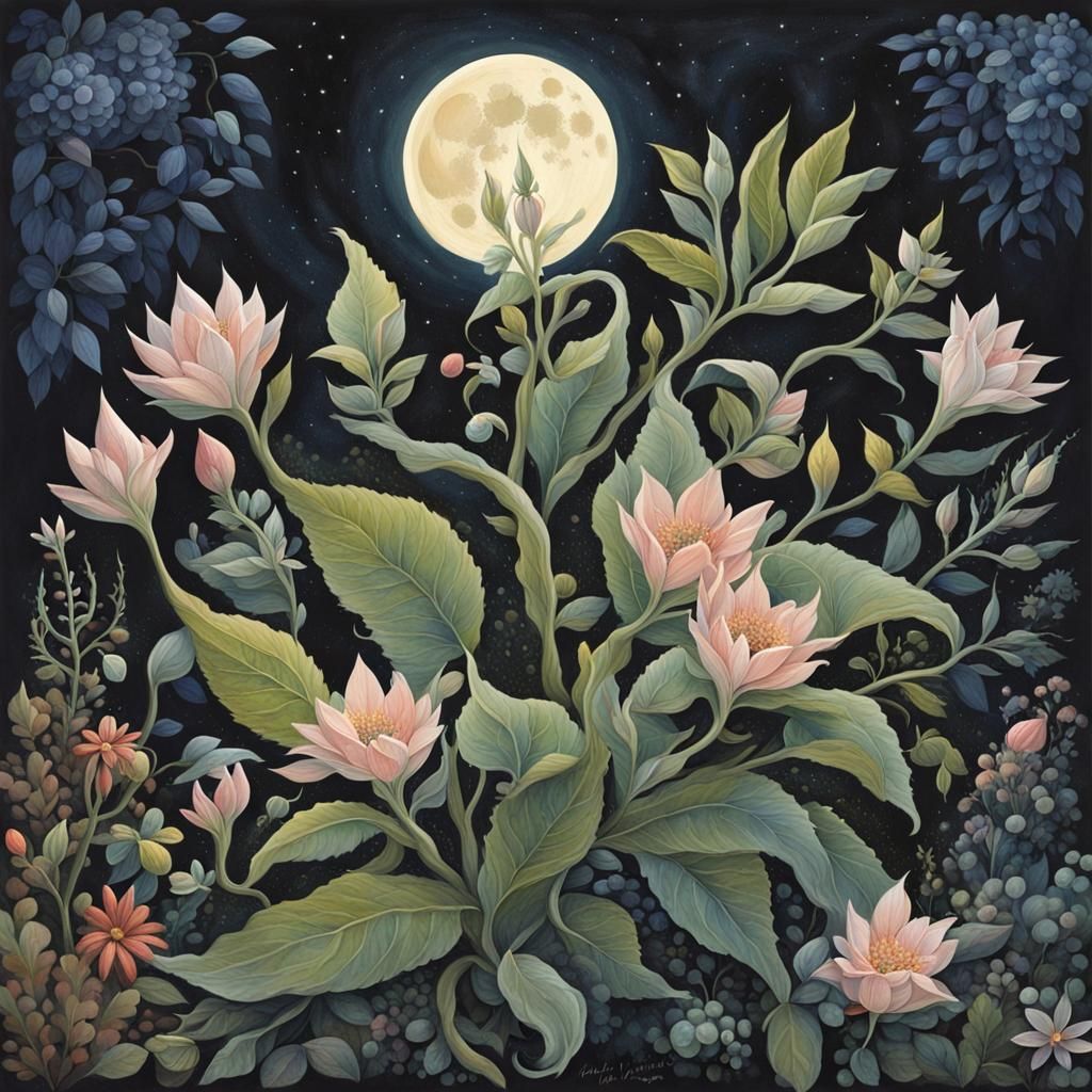 Luminescent Lunar Plant in Magical Garden: Gouache Art