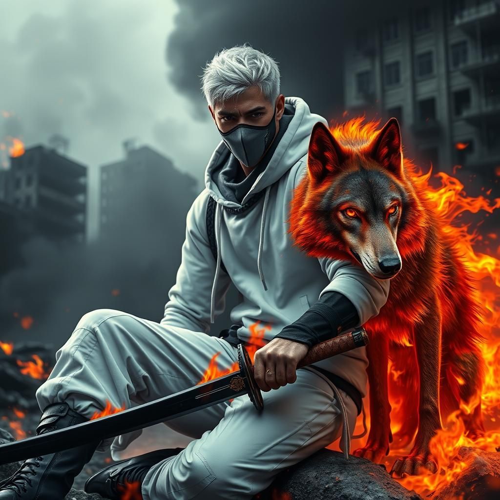 Futuristic Warrior with Fiery Wolf in Cyberpunk Cityscape