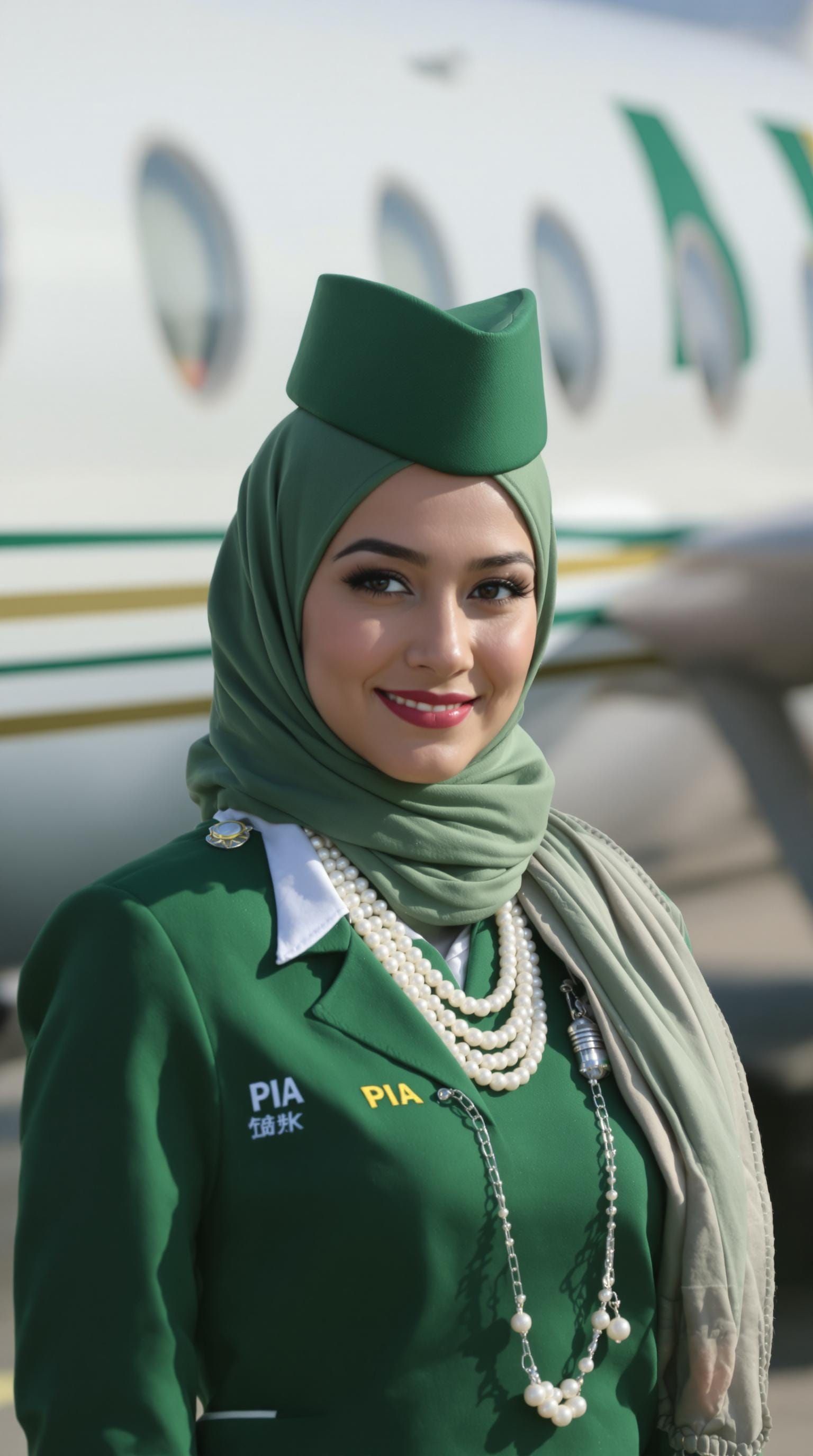 Elegant Pakistani Flight Attendant in PIA Uniform