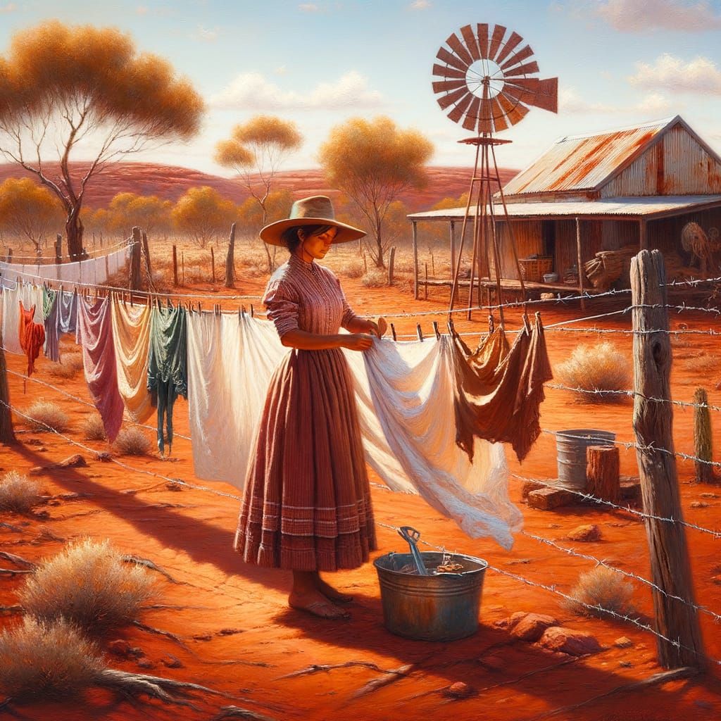 Outback Woman Hanging Laundry: Oil Painting