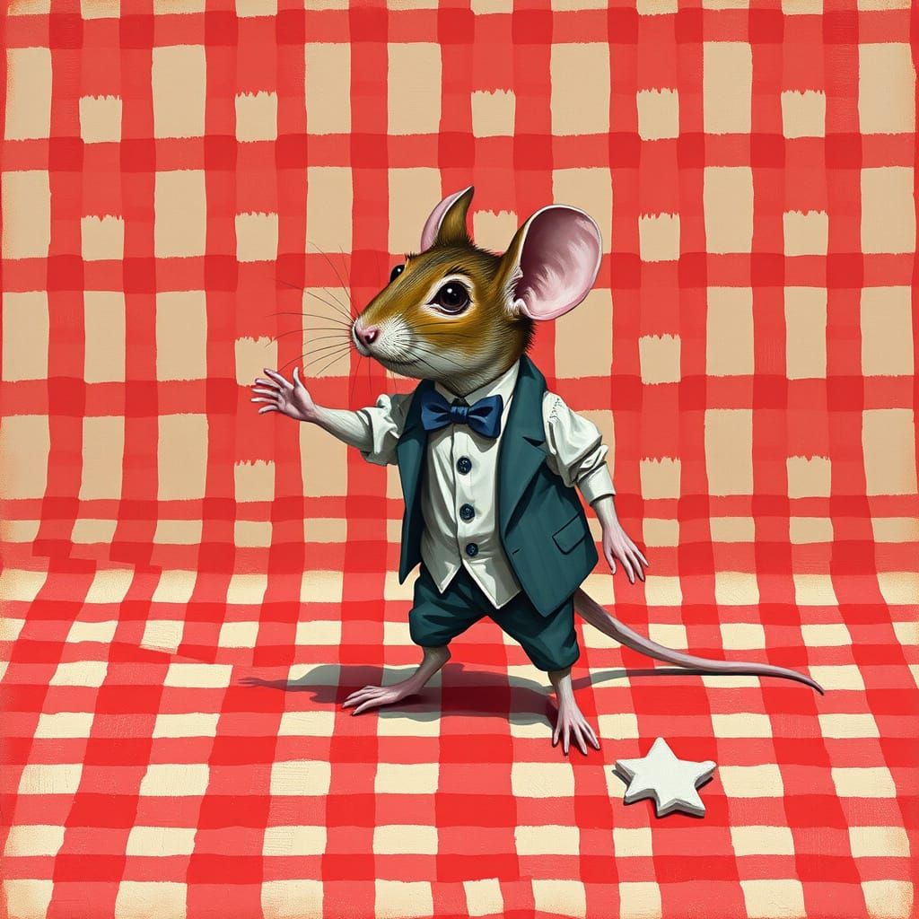 Whimsical Mouse Yearns for Freedom on a Distorted Gingham Ba...