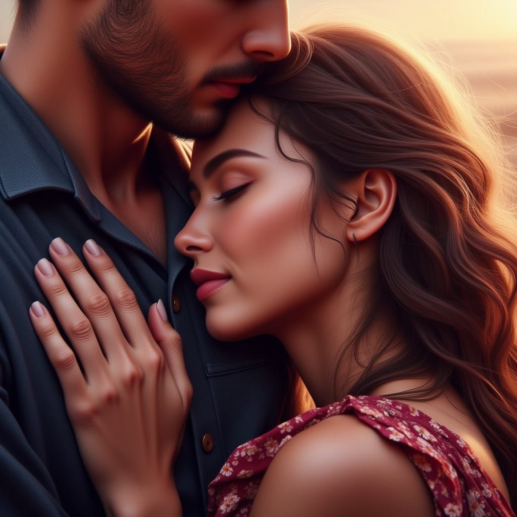 Intimate Oil Painting of Lovers in Tender Embrace