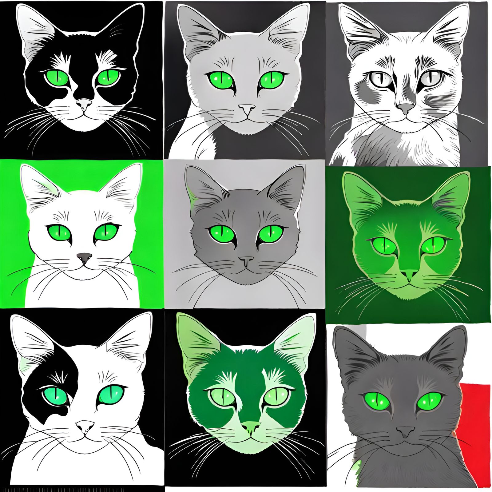 Grayscale Cat with Emerald Eyes in Pop Art Style
