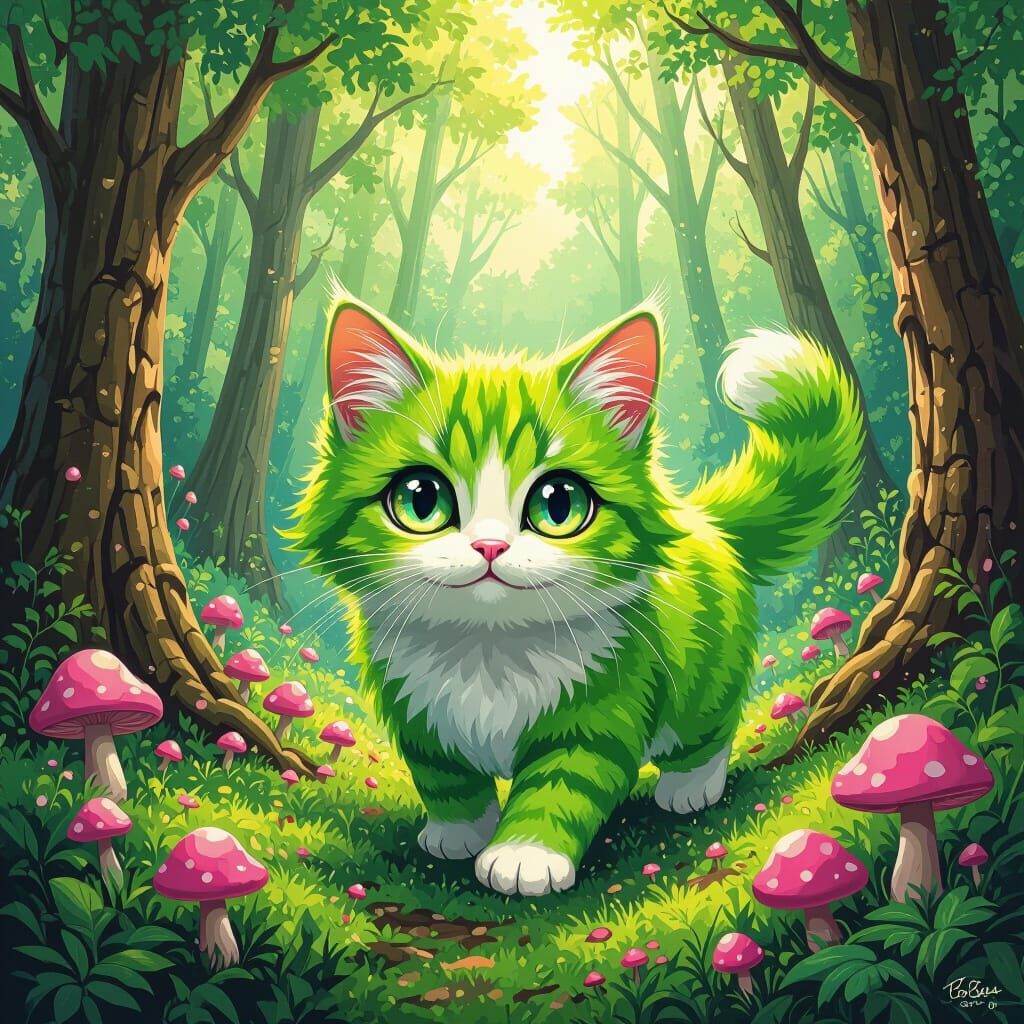Vibrant Green Cat in Enchanted Forest with Pink Mushrooms