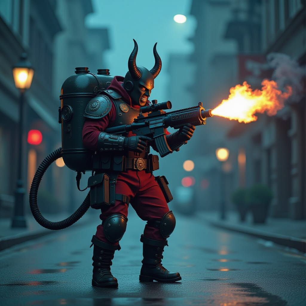 Infernal Flamethrower Worn by Devil in Film Noir Style
