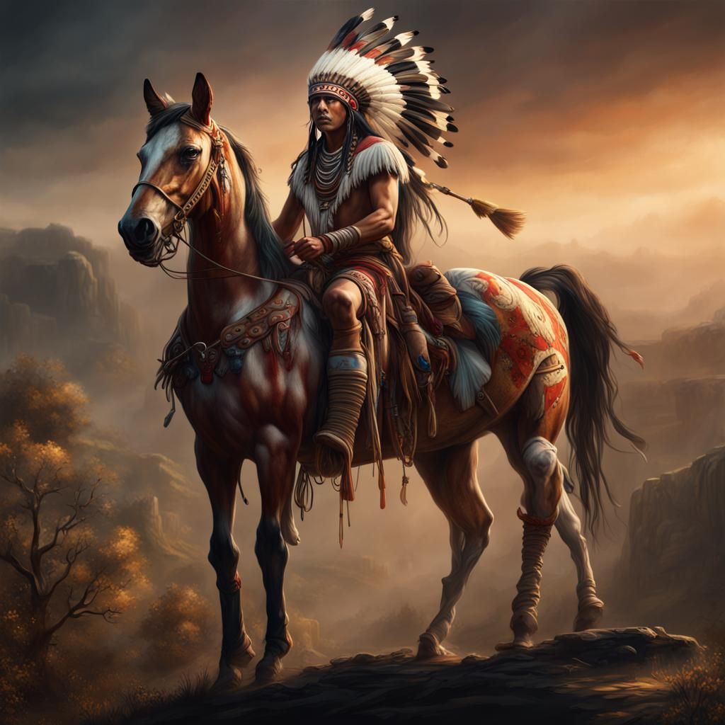 Native American on Painted Horse: Detailed Matte Painting