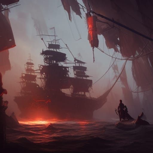 Skeleton Pirate Crew and Ship in Dark Fantasy