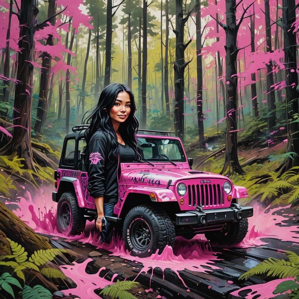 Black and Pink Jeep in Woods, Graffiti Art