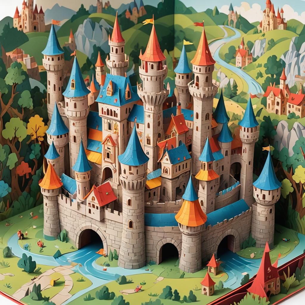 Colorful Cartoon Castle Pop-Up Book Illustration