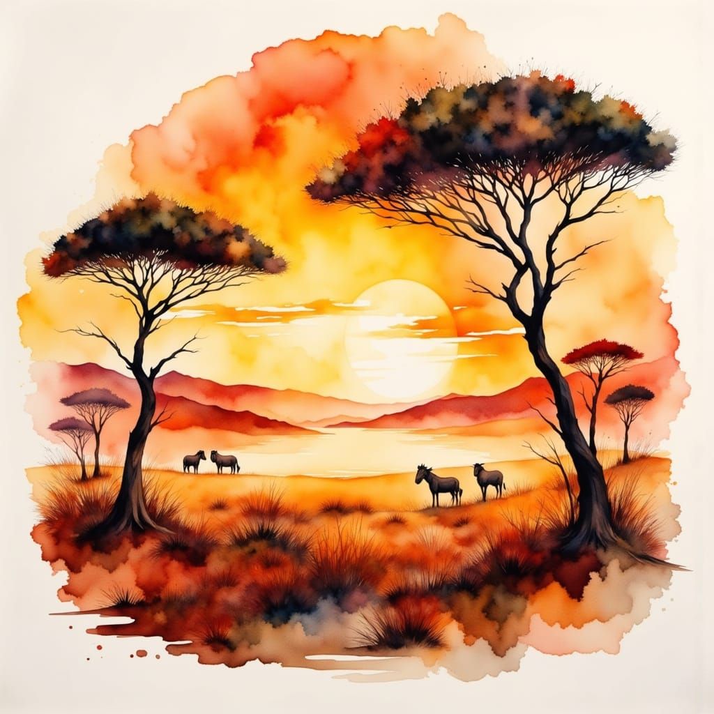 African Savanna Sunset in Watercolor Style