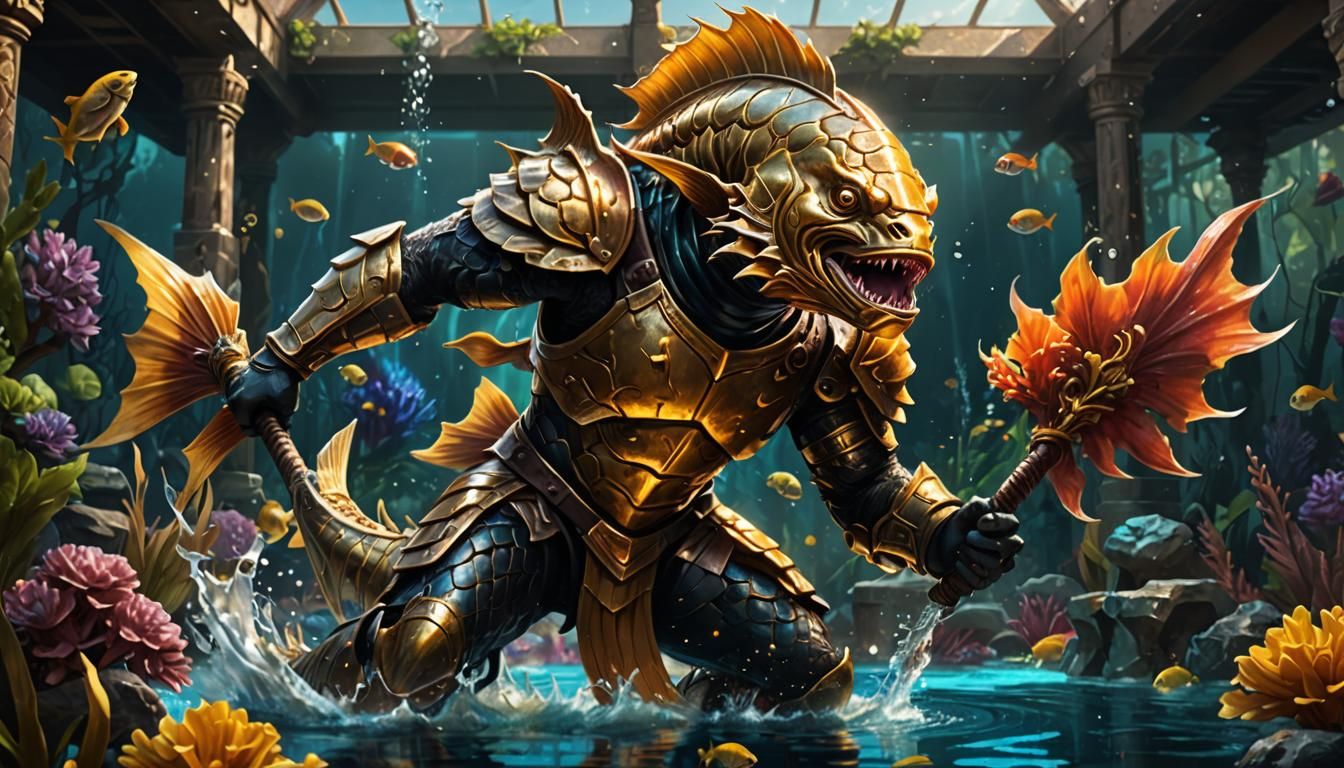 Armored Fish Gladiator in Hyperrealistic Splash Art