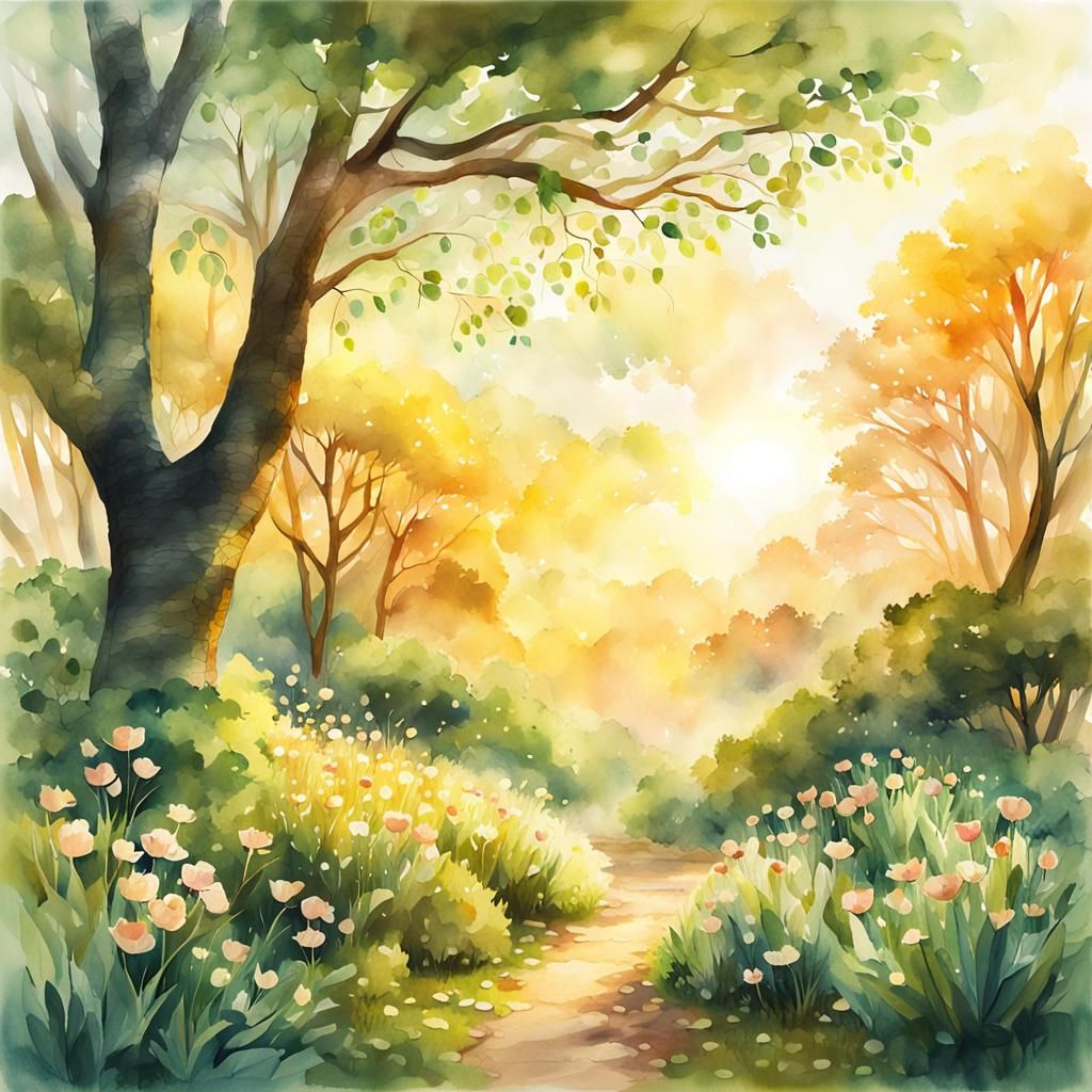 Lush Spring Landscape in Watercolor Style