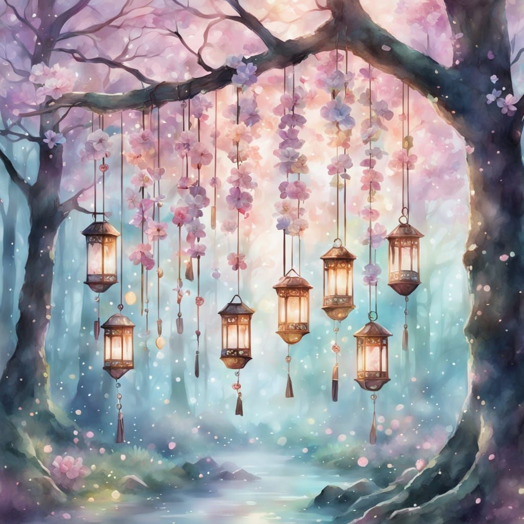 Wind Chimes at Spirit Shrine: Watercolor Fantasy Art