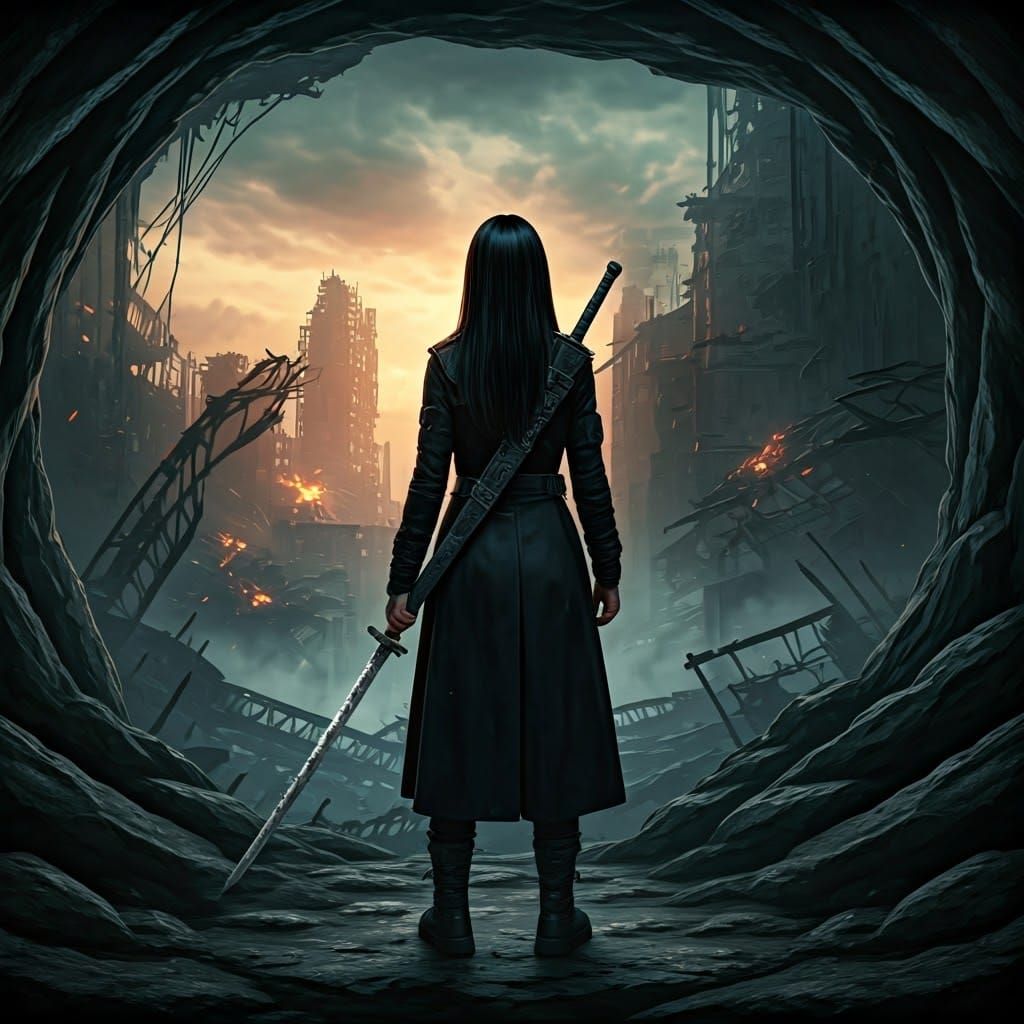 Teen Warrior Gazing at Burning Dystopian City