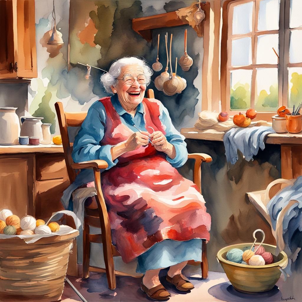 Laughing Woman Knitting in Watercolor Style