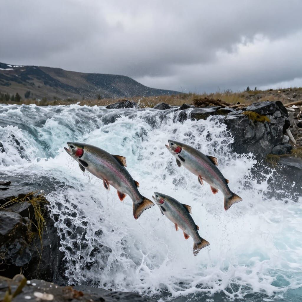 Majestic Salmon Leap Through Powerful Rapids
