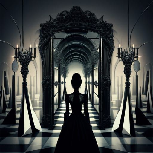 Model prompt, surrealism, eerie, a woman walking through a maze of mirrors.