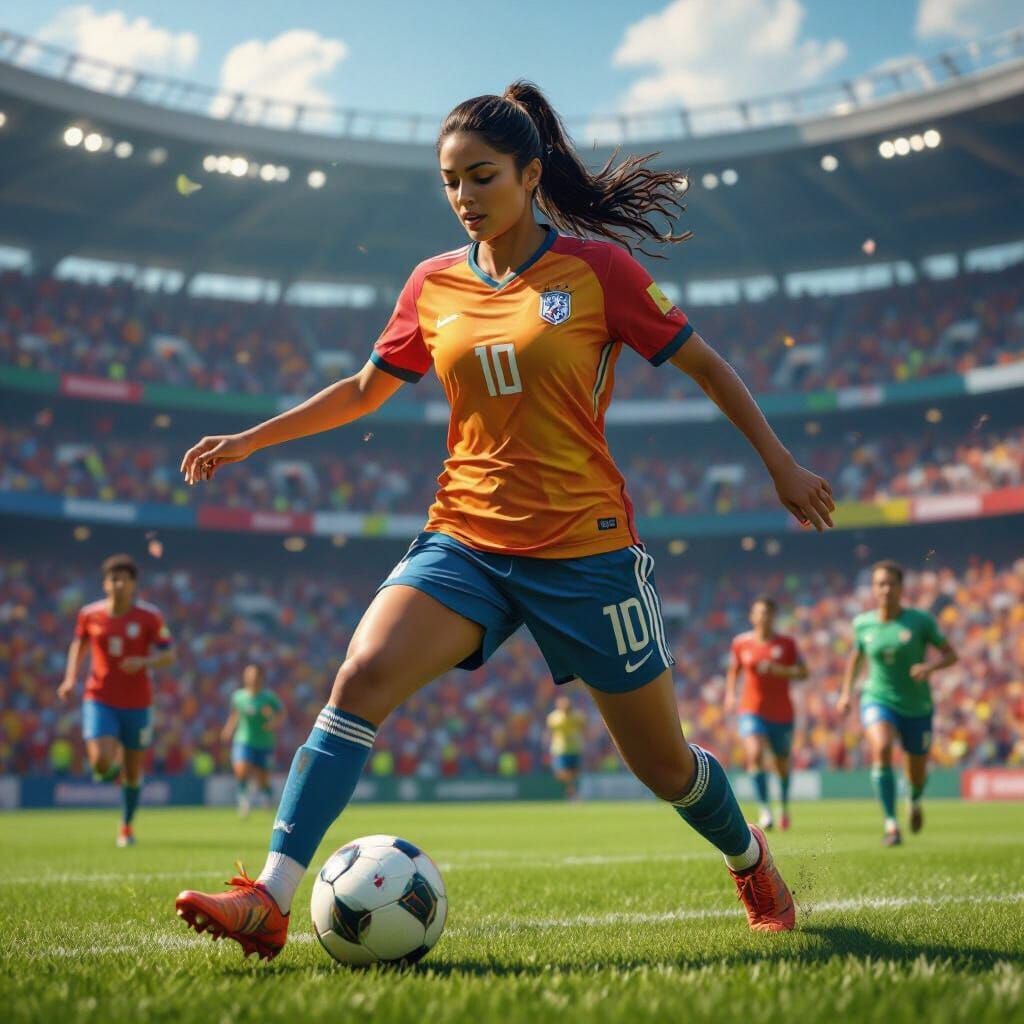 Indian Woman Plays Football in Matte Painting Style
