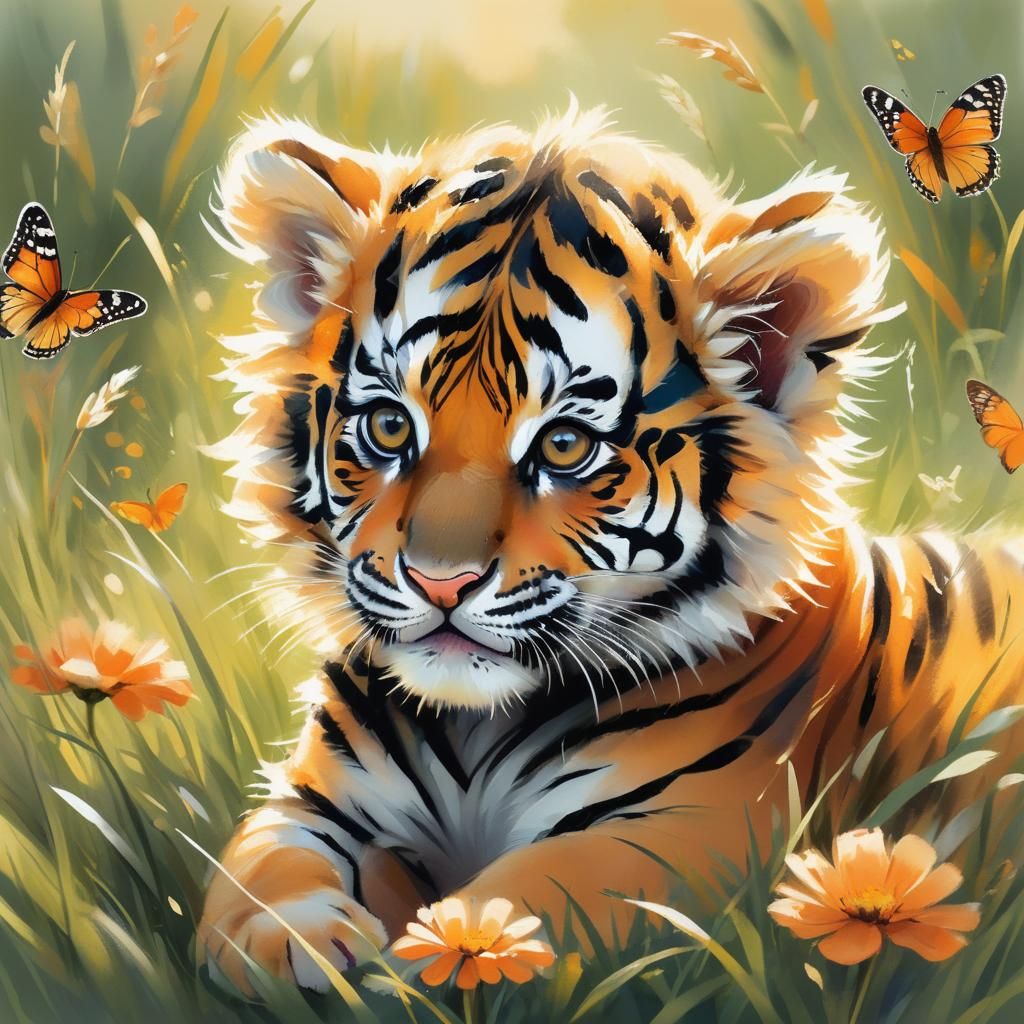 Playful Tiger Cub in Sun-Drenched Meadow