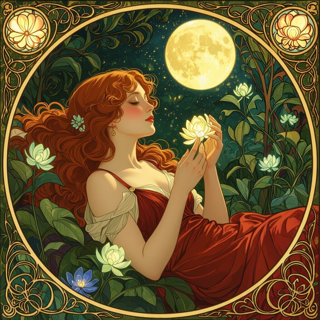 Red-Haired Woman in Moonlit Garden, Art Nouveau Style