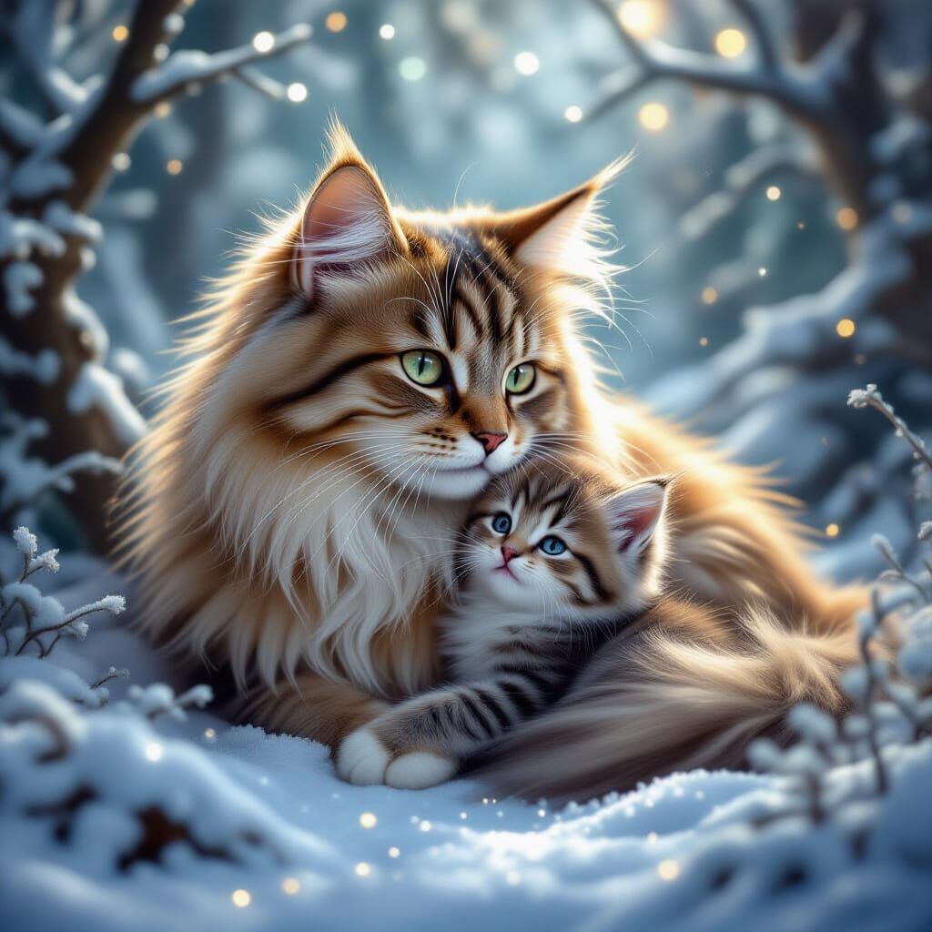 Fluffy Mother Cat and Kitten in Mystical Fairy Forest