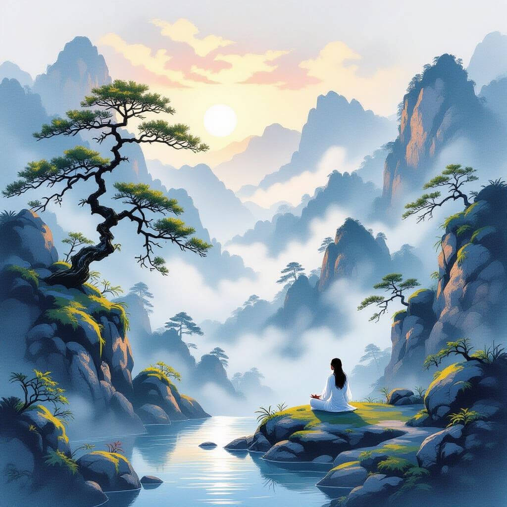 Ethereal Mountain Dawn with Meditating Figure