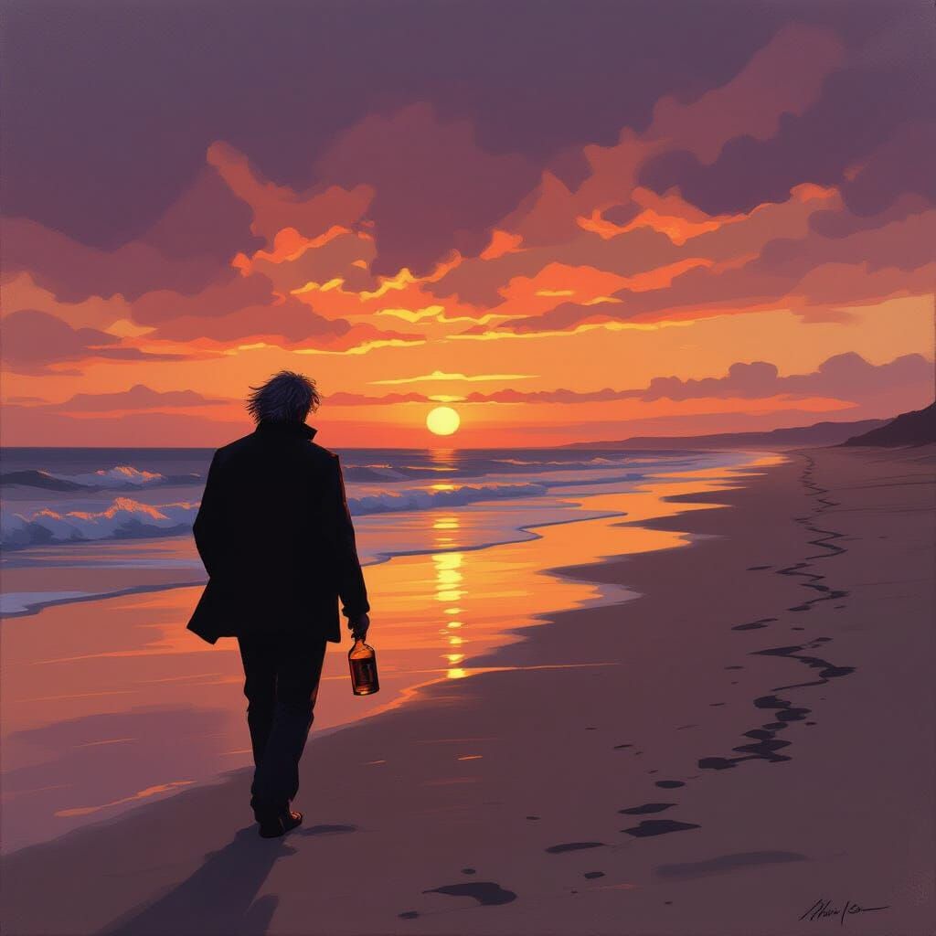 Man Contemplating on Beach at Dusk with Whisky Bottle