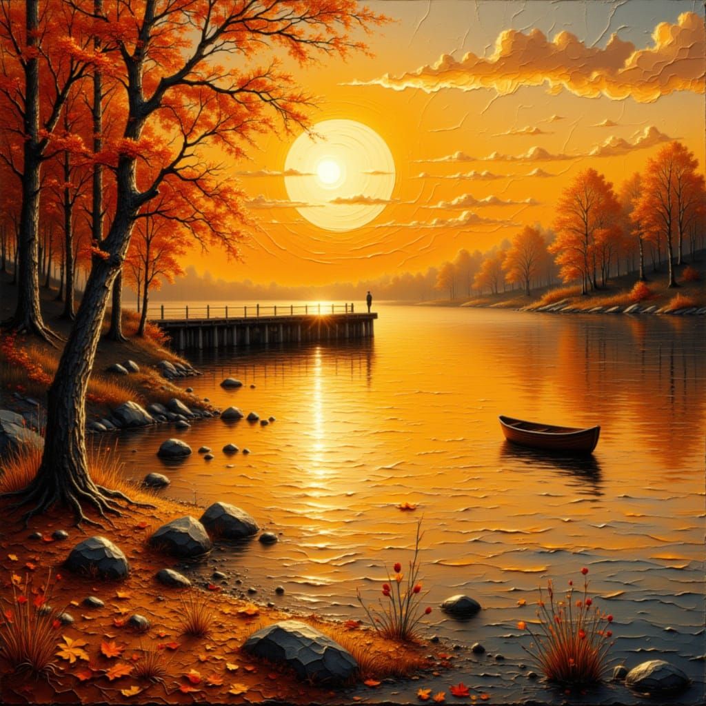 Golden Orange Sunset Over Glistening Lake