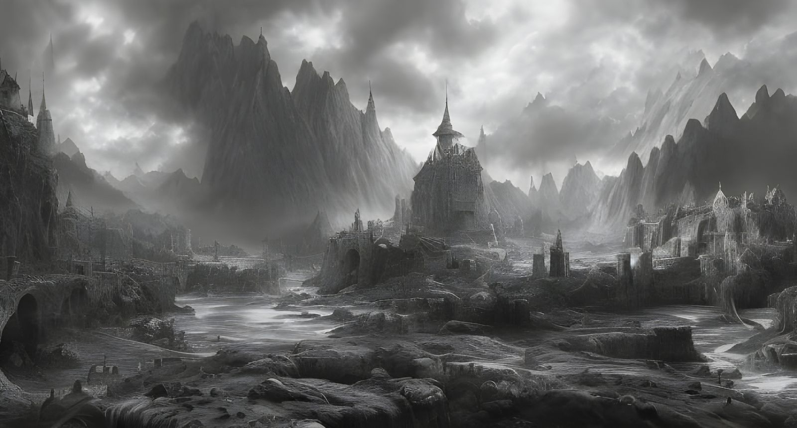 Epic Fantasy Landscape: Detailed Charcoal Drawing