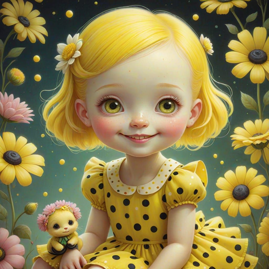 Cartoon Baby Girl on Flower, Whimsical Illustration