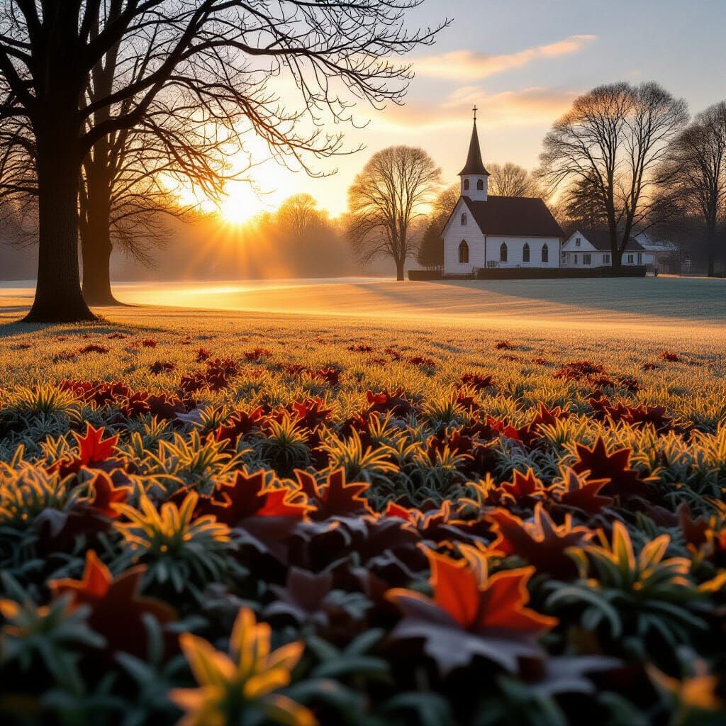 Frosty Autumn Dawn Over Suburban Landscape with Mist