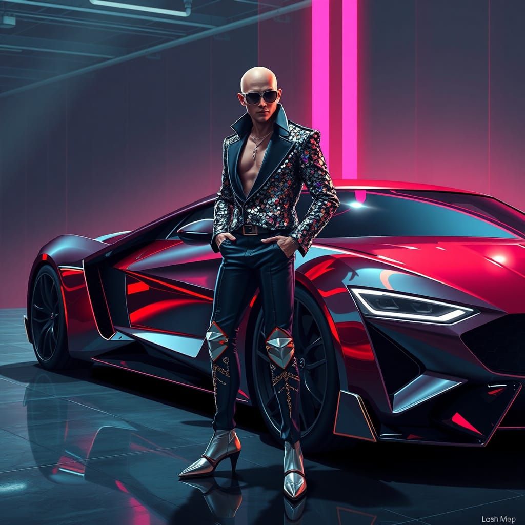 Futuristic Grand Thief Stands Beside Sleek Auto Car