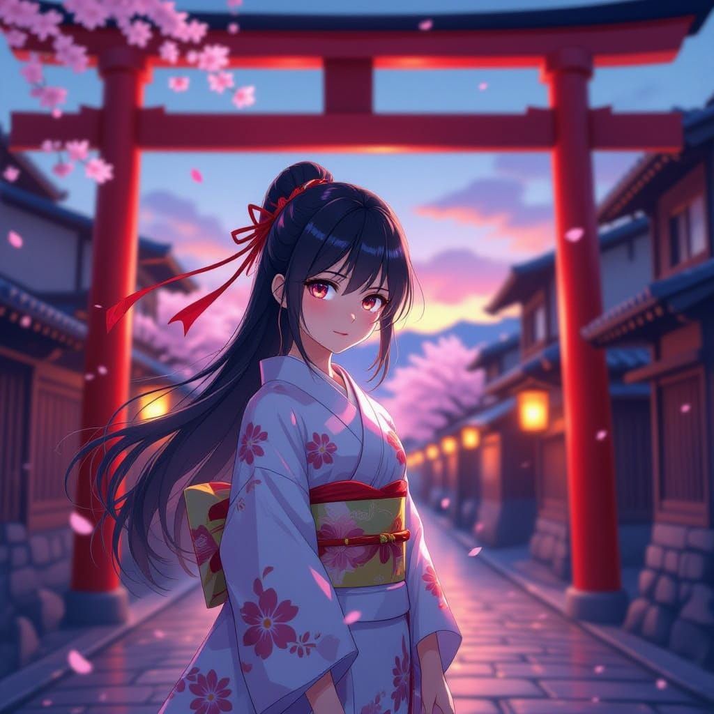 Anime Girl in Kyoto Under Torii Gate with Neon Kimono