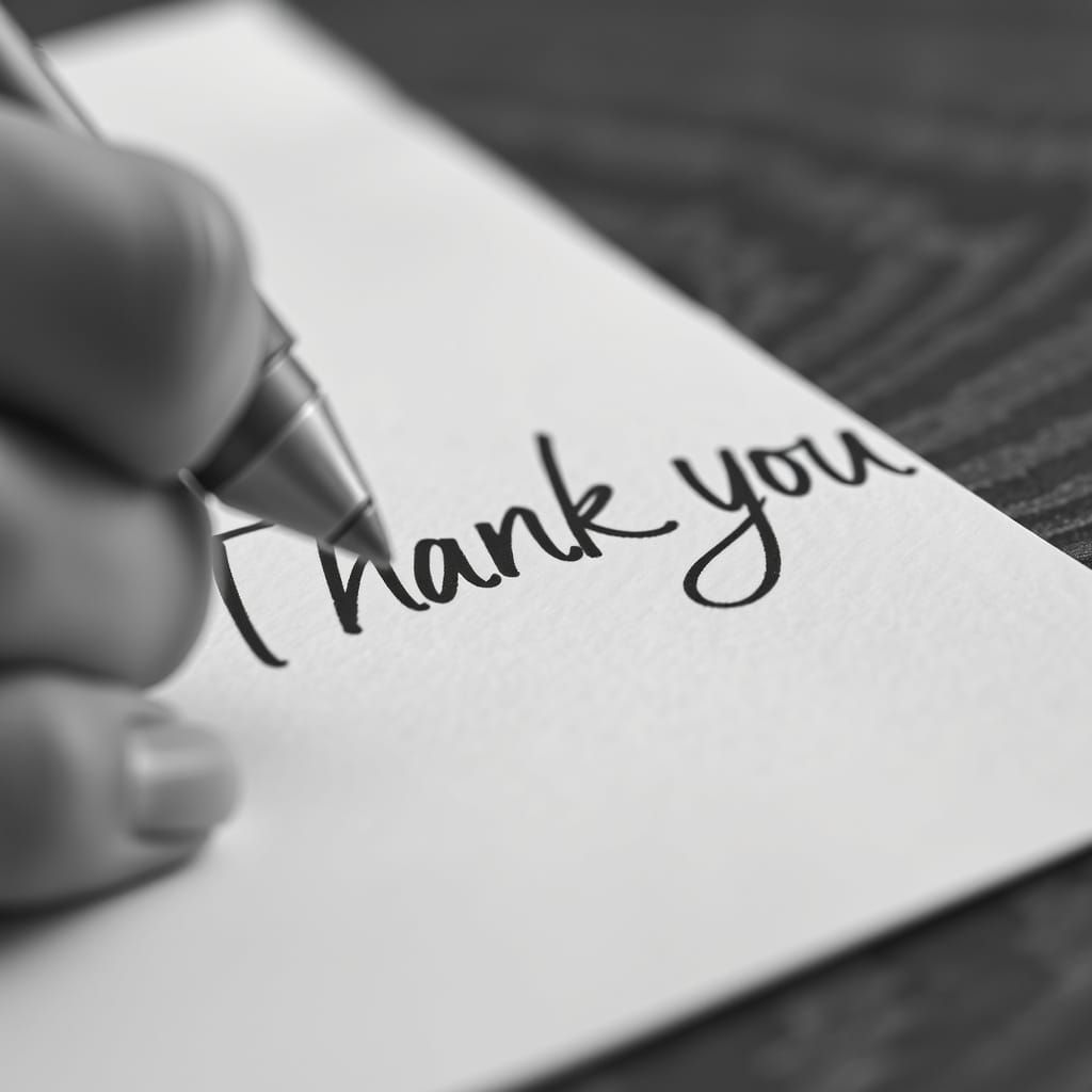 Black and white macro photography closeup of a hand writing a thank-you note on paper.