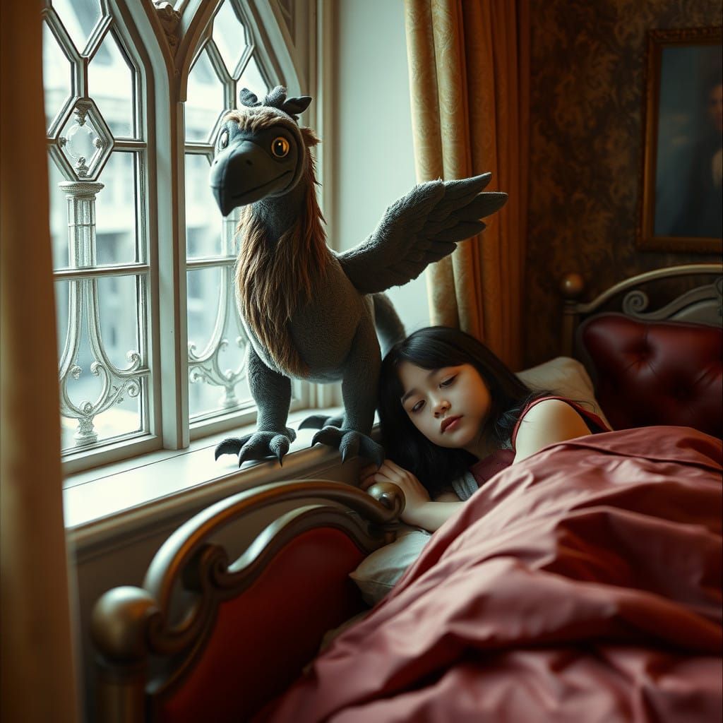 Slytherin's Plush Hippogriff Guardian in Golden Light